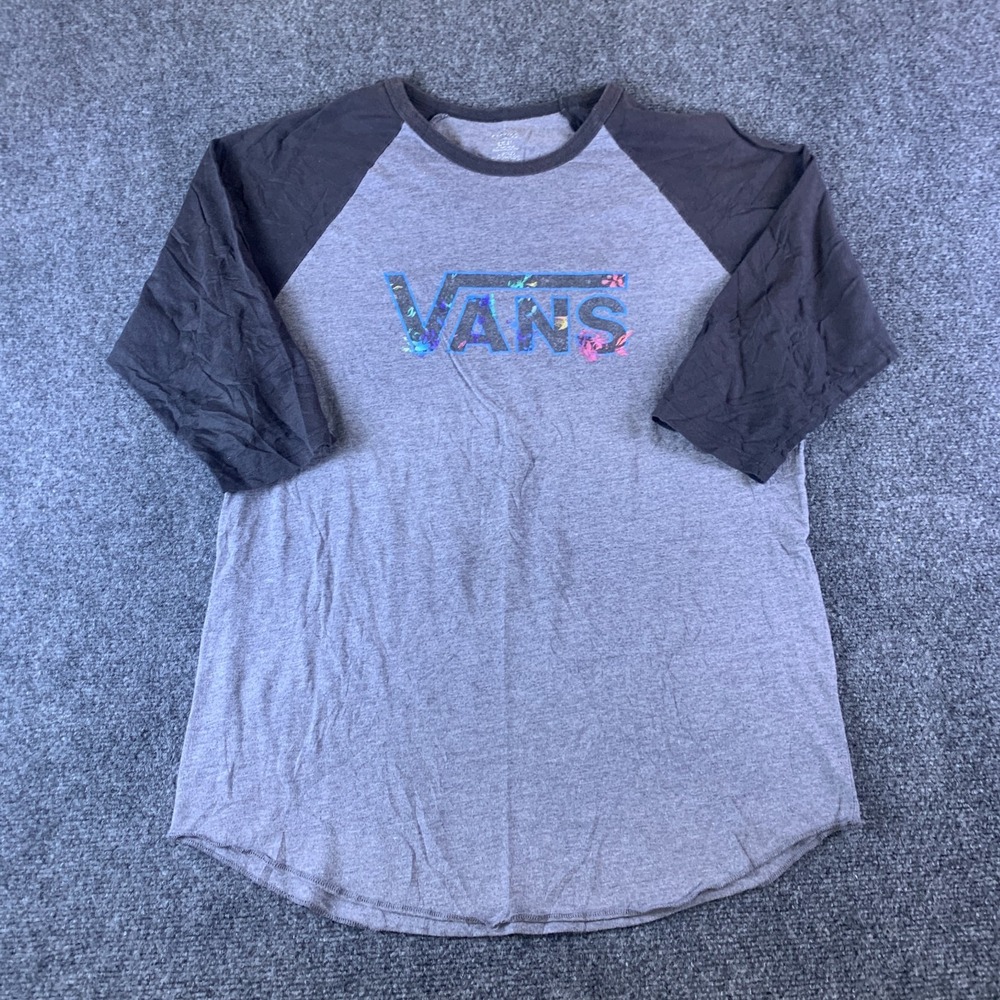 Vans T-Shirt Mens Large Heather Gray Black Graphic 3/4 Raglan Sleeve Pullover